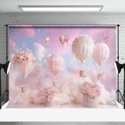 Pink Cloud Floral Hot Air Balloon Cake Smash Backdrop