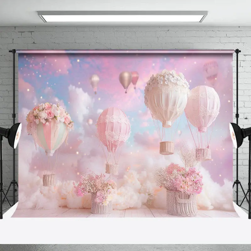 Pink Cloud Floral Hot Air Balloon Cake Smash Backdrop