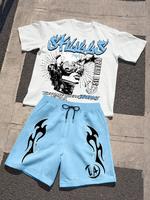 Two-Piece Set Men's Regular Fit Skull Print Short Sleeve Tee & Drawstring Waist Shorts, Casual Round Neck T-shirt & Track Sho...