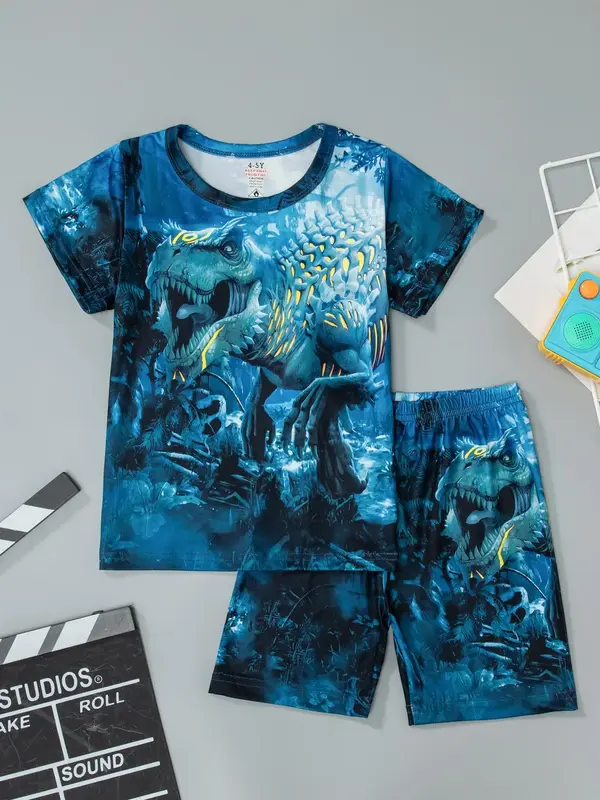 Boy's Dinosaur Print Short Sleeve Round Neck Tee & Elastic Waist Shorts Pajama Two-piece Set, Cute Casual Comfortable Breatha...