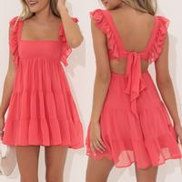 Women's Summer Ruffle Strap Mini Dress Sleeveless Square Neck Solid Color Flowy Dress Babydoll Dress Casual Beach summer outf...