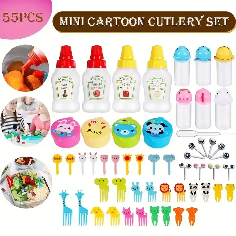 55pcs Mini Plastic Fruit Fork Cute Food Fork For Cake Dessert Fruit Platter Reusable Mini Toothpick Condiment Squeeze Bottle ...
