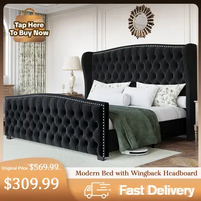 [Restock Sale] AMERLIFE Modern Bed Frame with Wingback Headboard, Velvet Upholstered Bed Frame with Handmade Button Tufted & ...