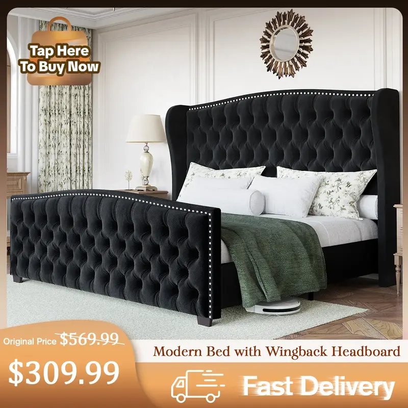 [Restock Sale] AMERLIFE Modern Bed Frame with Wingback Headboard, Velvet Upholstered Bed Frame with Handmade Button Tufted & ...