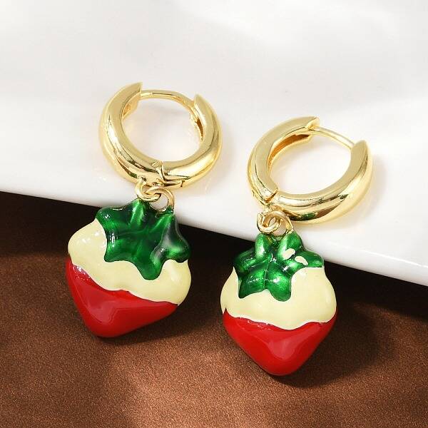 Strawberry Brass Enamel Hoop Earrings