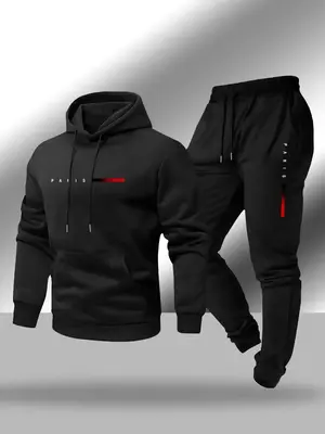 Men's Thermal Lined Letter Print Hoodie & Pants Two-Piece Set, Casual Regular Fit Long Sleeve Hooded Sweatshirt & Jogger Pant...