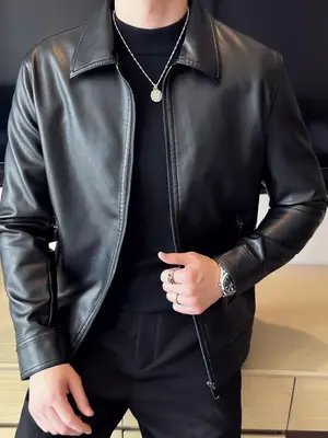 Men's Regular Fit Solid Pocket Zipper Pu Leather Jacket, Casual Long Sleeve Collar Outerwear for All Seasons, Fashion Men's C...