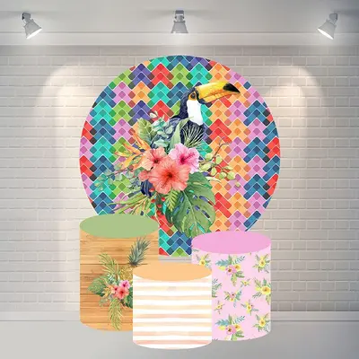 Aperturee Bird And Colored Flower Round Happy Birthday Backdrop | Custom Round Backdrop | Circle Background For Party | Circl...