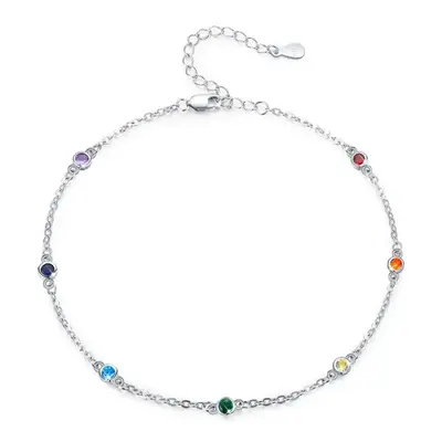 Sterling Silver Cubic Zirconia Chakras Single Layer Charm Anklet