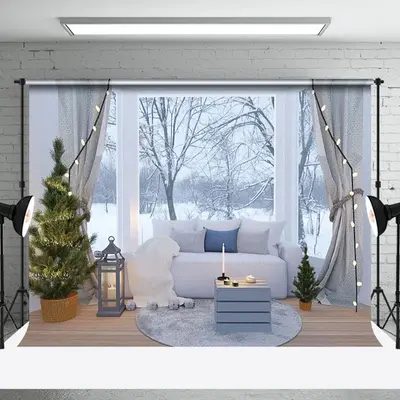 Cold Snowy Forest Window Sofa Winter Photo Backdrop - Aperturee