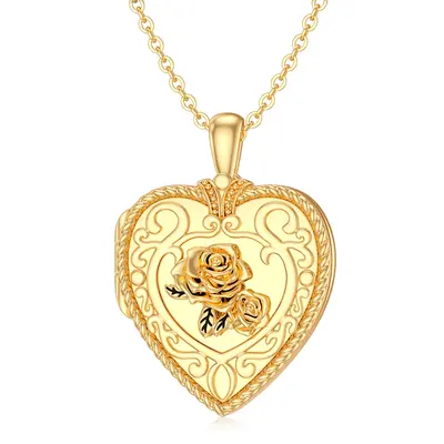 10K Gold Rose & Heart Personalized Photo Locket Necklace