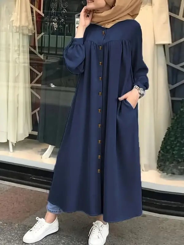Muslim Women's Casual Open Front Long Sleeve Dress, Elegant Stand Collar, All Season Woven Fabric, Modest Style, Age 55-64, M...
