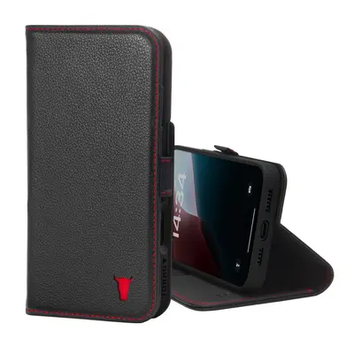 Apple iPhone 16 Pro Max Leather Wallet Case (MagSafe Charging) - Black with Red Detail