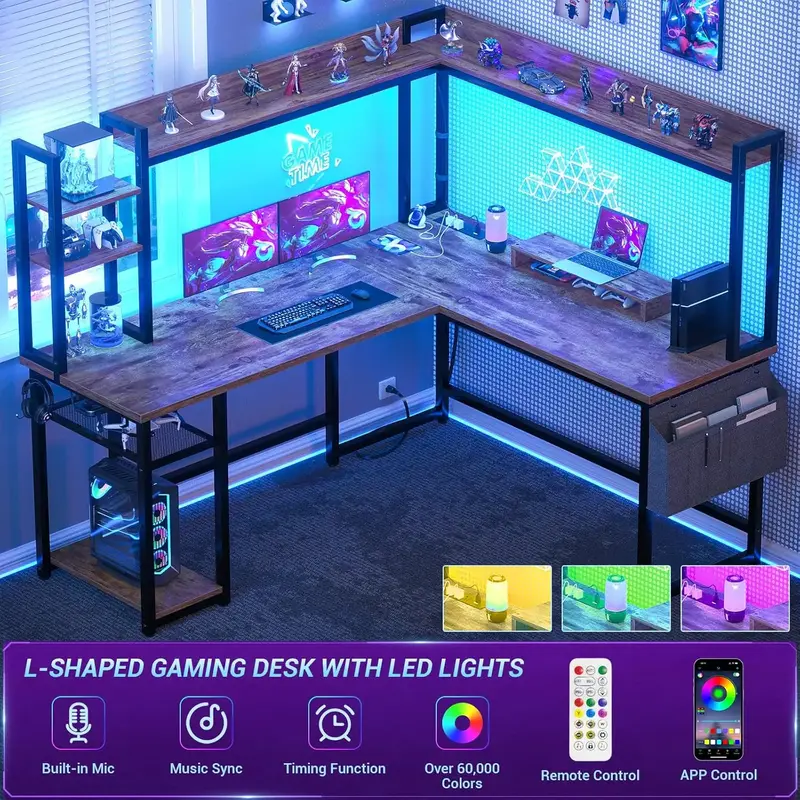 Cyclysio Reversible L Shaped Home Office Desk with Power Outlet & LED Light & Full Hutch, Corner Computer Desk Gaming Desk wi...