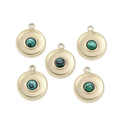 304 Stainless Steel Pave Synthetic Malachite Flat Round Charms