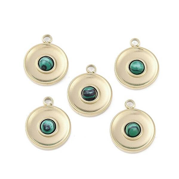 304 Stainless Steel Pave Synthetic Malachite Flat Round Charms