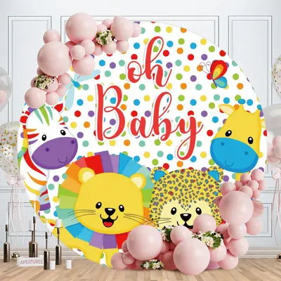Aperturee Oh Baby Color Animals Round Baby Shower Backdrop