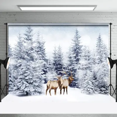 Aperturee Heavy Snow White World Forest Elk Winter Backdrop - Aperturee