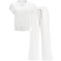 ANRABESS Women Two Piece Outfits Crochet Sheer Knit Sweater Top Wide Leg Pants Lounge Matching Sets Sweatsuit Travel Clothes ...
