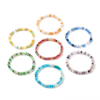 7Pcs 7 Colors Bling Round Glass Beaded Stretch Bracelets Set