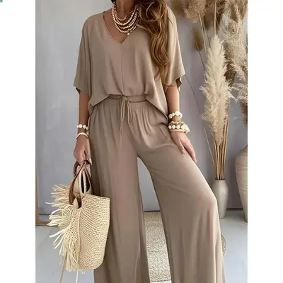 Casual Solid Color Pants Set, Half Sleeve V Neck Top & Wide Leg Pants Outfits, Women'S Clothing Suits White Fabric Womenswea...