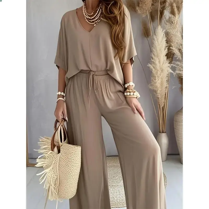 Casual Solid Color Pants Set, Half Sleeve V Neck Top & Wide Leg Pants Outfits, Women'S Clothing  Suits White Fabric Womenswea...