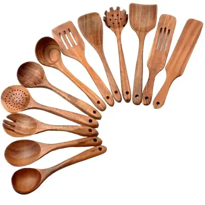 Wooden Cooking Utensils Set, 12pcs/set Wooden Kitchen Utensil Set, Natural Teak Wood Cooking Spoons Utensils, Kitchen Gadgets...