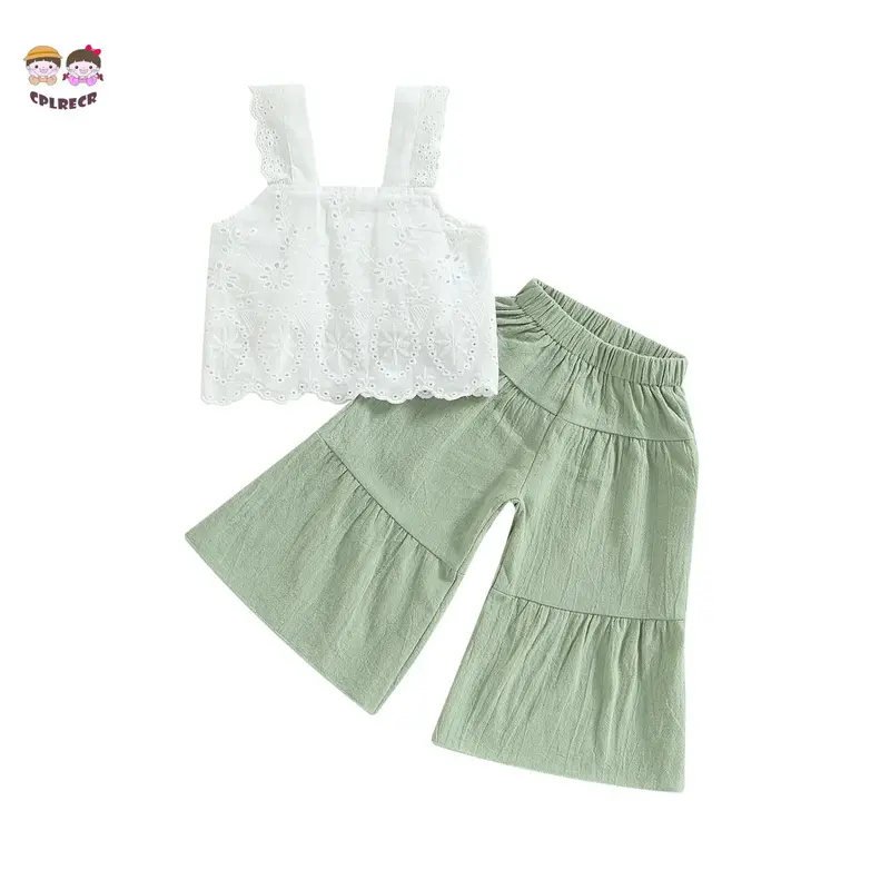 Baby Baby Girls Summer Outfit Solid Color Sleeveless Lace Tank Tops and Elastic Casual Wide Leg Pants Set
