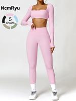 Women's Seamless High Elastic Soft Square Collar Open Waist Long Sleeve High Waist Hip Lifting Trousers Yoga Suit Outdoor Run...