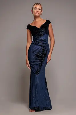 Goddiva Shimmer Velvet Bardot Maxi Dress - Navy