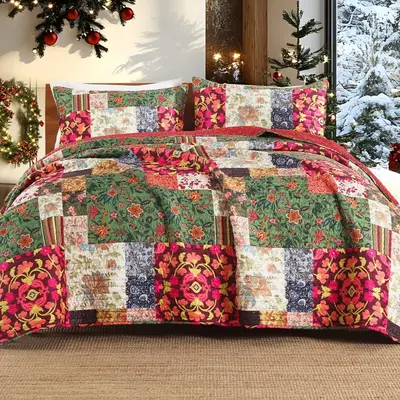 Floral Patchwork Bedspread Coverlet, 2/3 Counts Including 1 Count Bedspread Duvet Cover & 1/2 Counts Pillowcases without Fill...