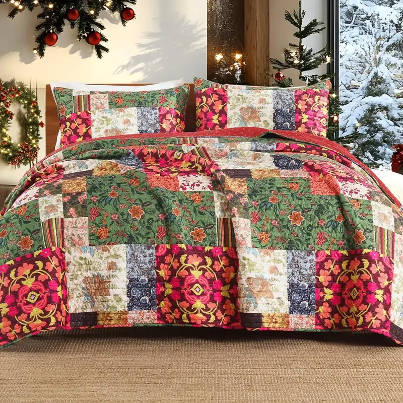 Floral Patchwork Bedspread Coverlet, 2/3 Counts Including 1 Count Bedspread Duvet Cover & 1/2 Counts Pillowcases without Fill...