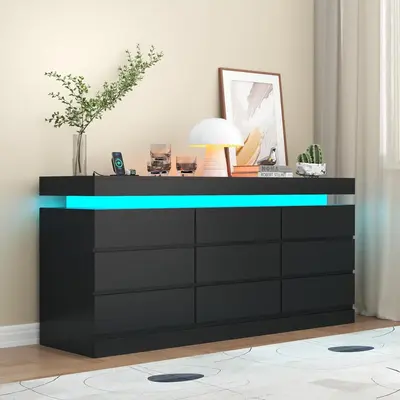 9 Drawer Dresser with Power Outlet, Dresser with LED Light, Modern Chest of Drawers for Closet, Double Wide Drawer Organizer ...