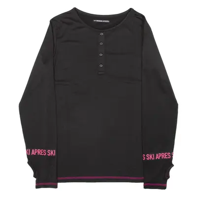 THREADBARE Ski Apres Womens T-Shirt Black Long Sleeve Button Neck UK 8