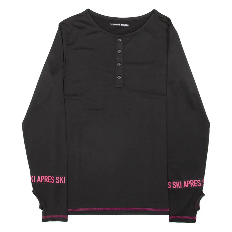 THREADBARE Ski Apres Womens T-Shirt Black Long Sleeve Button Neck UK 8
