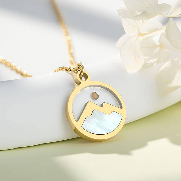 Flat Round 216 Stainless Steel Pave Natural Shell Mustard Seed Pendant Necklaces for Women