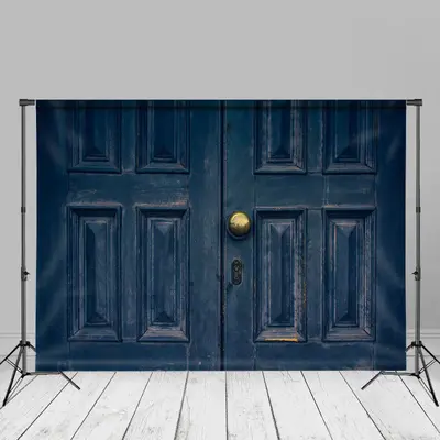 Retro Navy Blue Wood Door Gold Hanle Photo Backdrop - Aperturee