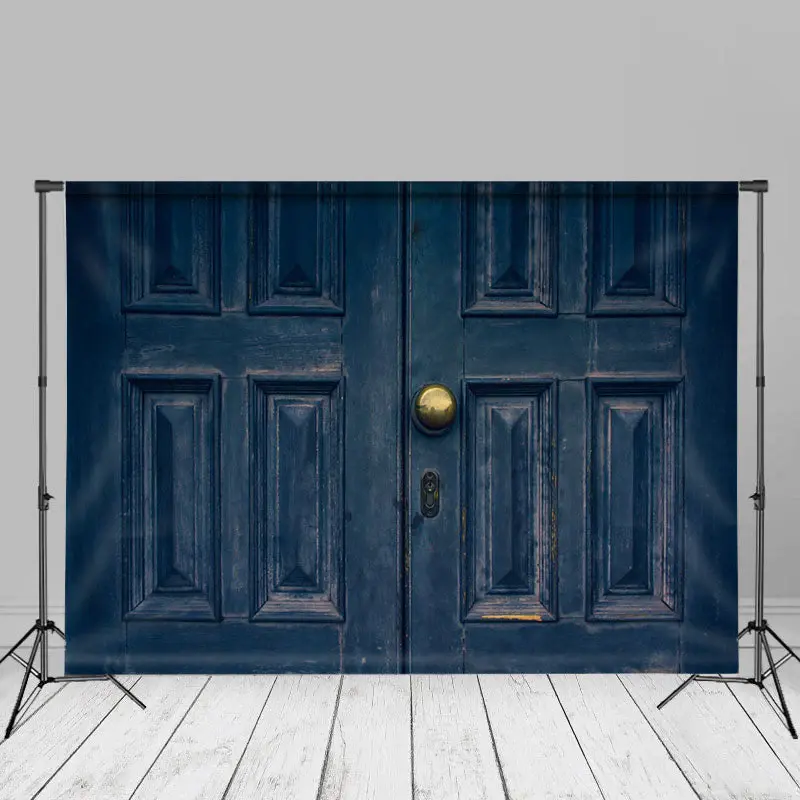 Retro Navy Blue Wood Door Gold Hanle Photo Backdrop - Aperturee