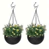 Hanging Plant Pot, 2 Counts/set Rattan Design Self-watering Hanging Planter, Easy Drain Plug for Efficient Watering, Ideal fo...