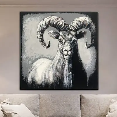 Abstract Animal Painting Canvas Wild Animal Wall Art Goat Painting Bighorn Sheep Painting Black and White Artwork Grey Wall A...