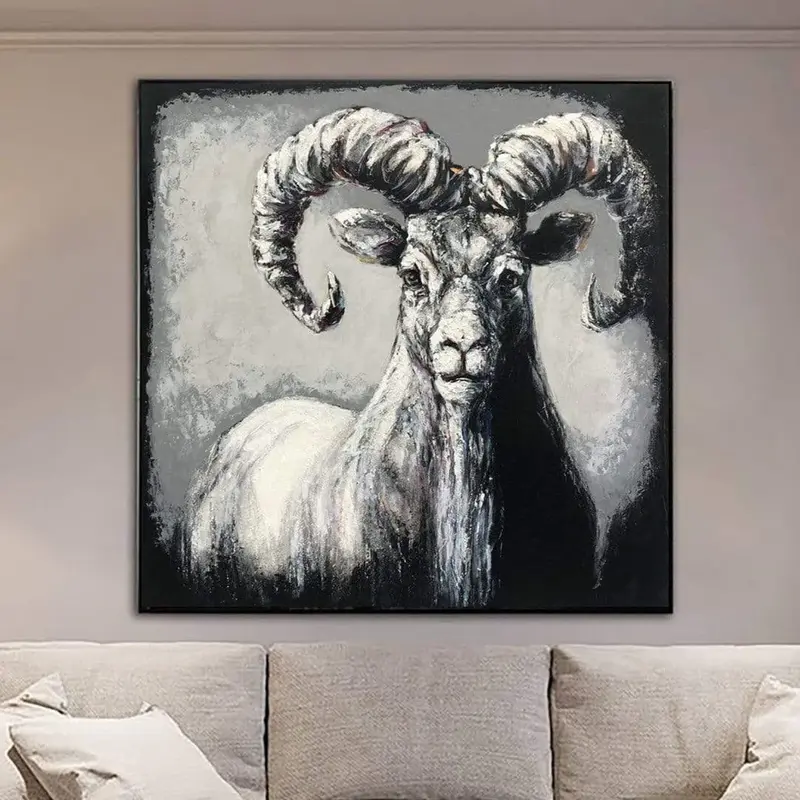 Abstract Animal Painting Canvas Wild Animal Wall Art Goat Painting Bighorn Sheep Painting Black and White Artwork Grey Wall A...