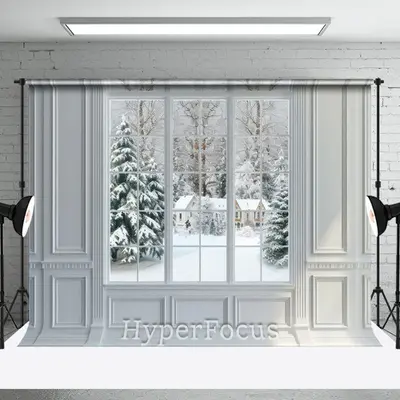 White Window Snowy Forest Cabin Scene Photo Backdrop - Aperturee