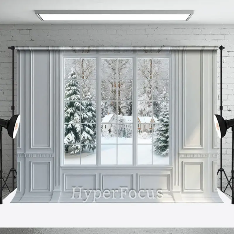 White Window Snowy Forest Cabin Scene Photo Backdrop - Aperturee