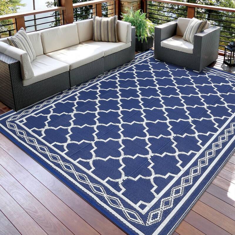 Garvee Outdoor Dark Blue 8x10 Rug, Reversible Plastic Straw Mat, UV Stable & Waterproof, Durable Polypropylene, Fade Resistan...