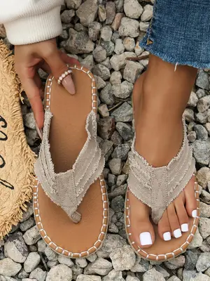 Women's Simple Plain Patched Design Comfort Flip Flops, Casual Soft Sole Beach Sandals for Summer 2024, Girl Beach for Travel...