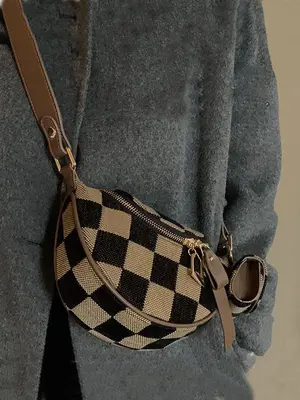 Women's Fashionable Checkerboard Pattern Crossbody Bag, Casual Versatile Zipper Shoulder Bag for Daily Used, Trendy All-match...