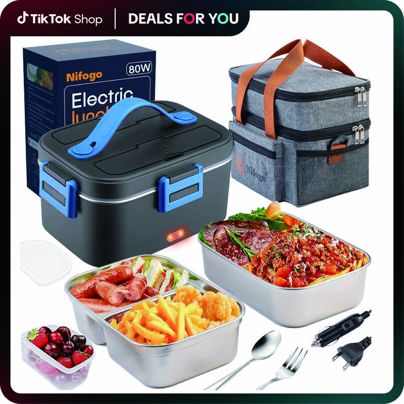 Electric Lunch Box, 80W Food Heater 1,5L for Adults Portable Food Heater with Tableware and Lunch Bag, Car & Home Portable El...