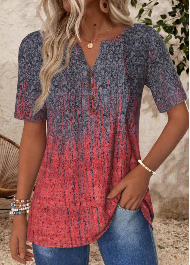 Modlily Deep Red Tuck Stitch Ombre Short Sleeve T Shirt - M