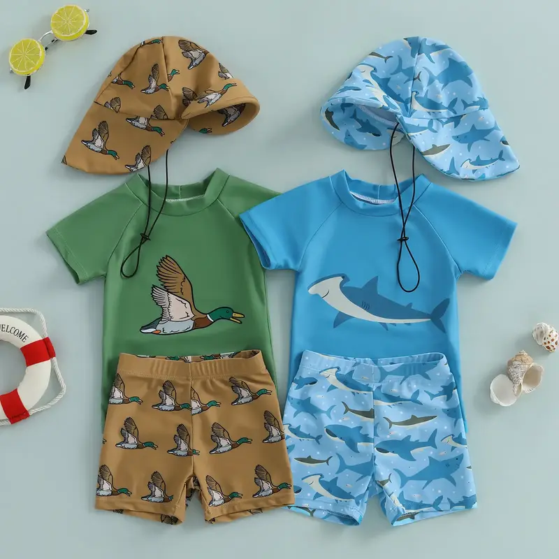 Toddler Boys Rash Guard Swimsuit Set Shark/Duck Print Short Sleeve Round Neck Tops with Shorts and Swim Hat 3 Pcs Set