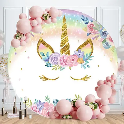Aperturee Floral Giltter Unicorn Rainbow Round Birthday Backdrop